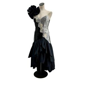 Black and White Sequined Vintage 1980s Sequined Formal Gown Bold Shoulder Detail